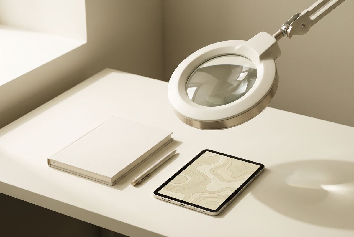 Magnifier lamp, notebook and tablet showing a skin texture map