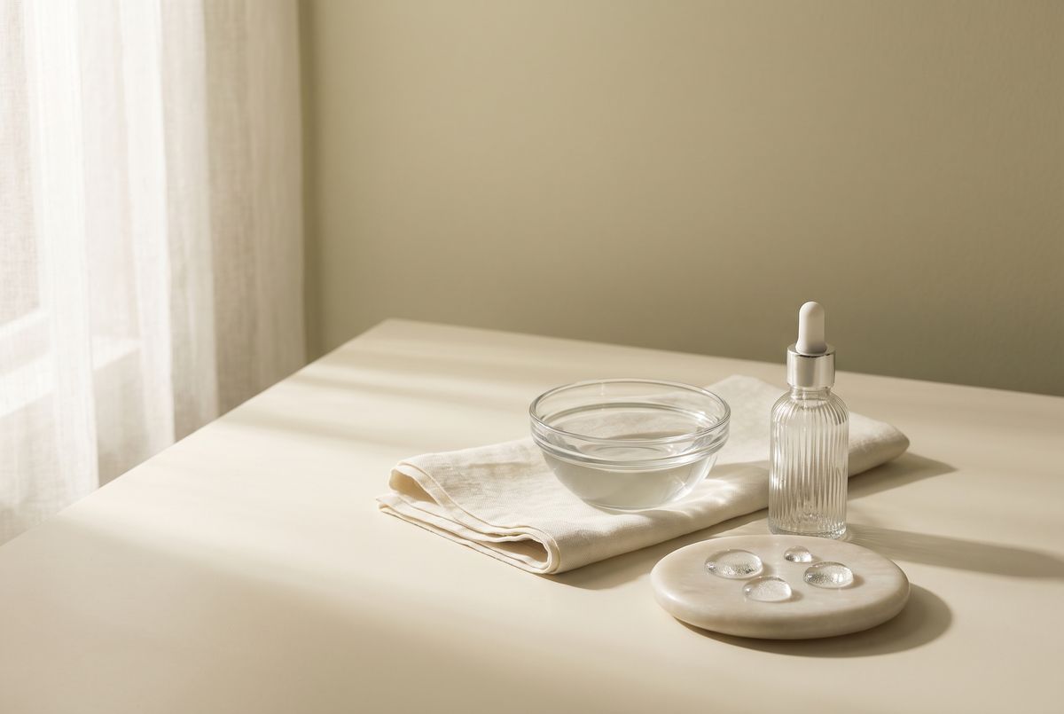 Water bowl and serum droplets on a stone dish