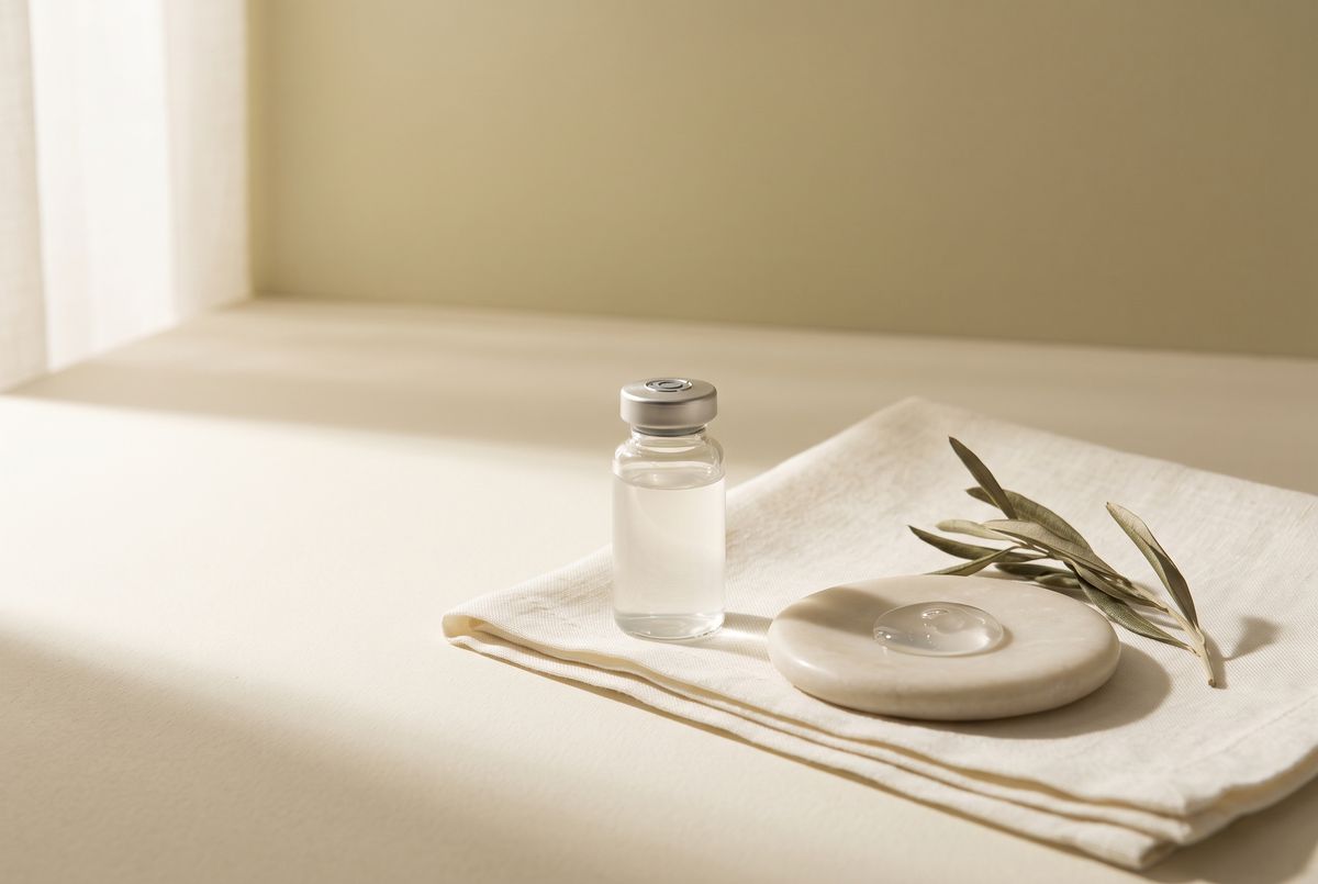 Unbranded glass vial and gel droplet on linen