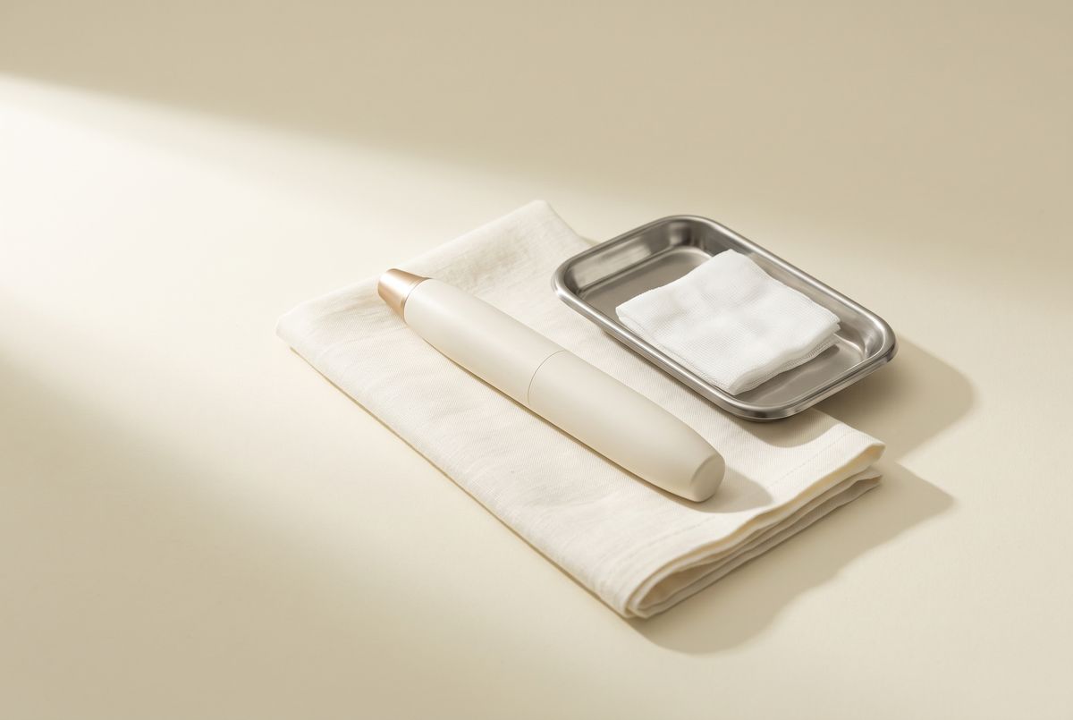 Microneedling pen beside a sterile tray